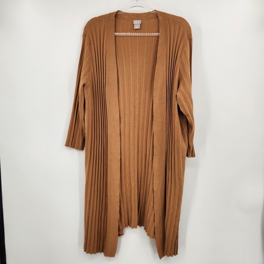 Chicos 3 Maxi Pleated Open Front Cardigan Womens Size XL English Toffee